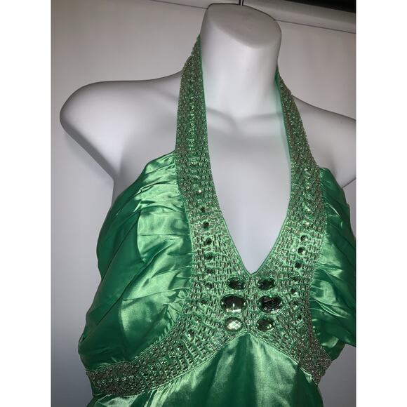 Y2k Green Satin Halter Top Size Medium Bejeweled Neck DEADSTOCK - Picture 3 of 7